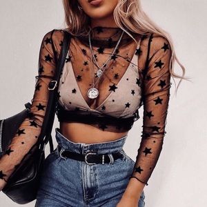 Stars Sheer Mesh Black Top Long Sleeve